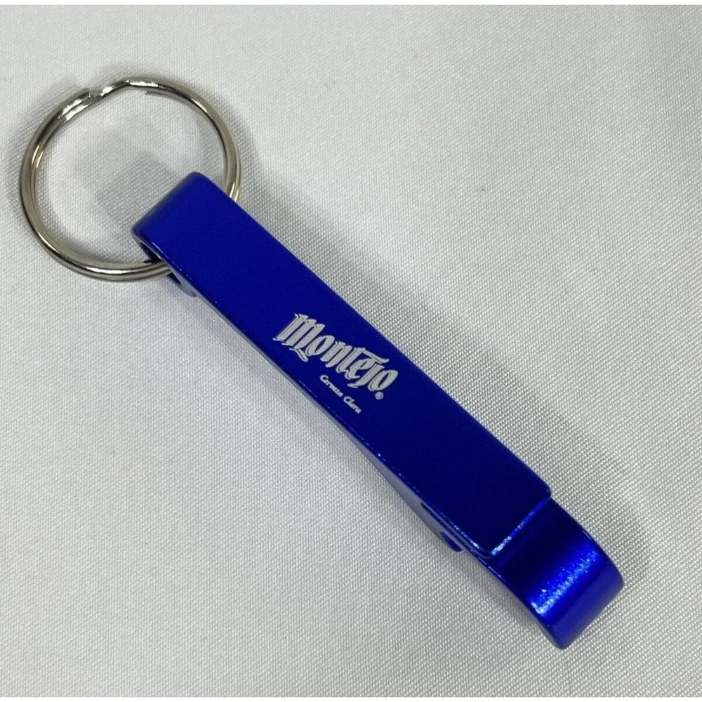 Lot of 2 Montejo Cerveza Clara Blue Metal Keychain Beer Bottle & Can Opener
